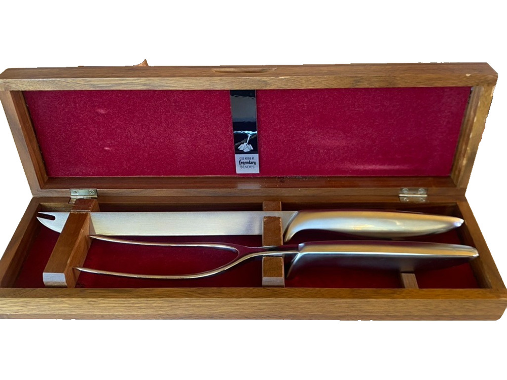 Vintage GERBER Legendary Blades 2 Pc Carving Set: Walnut Box Ron / Little Snick